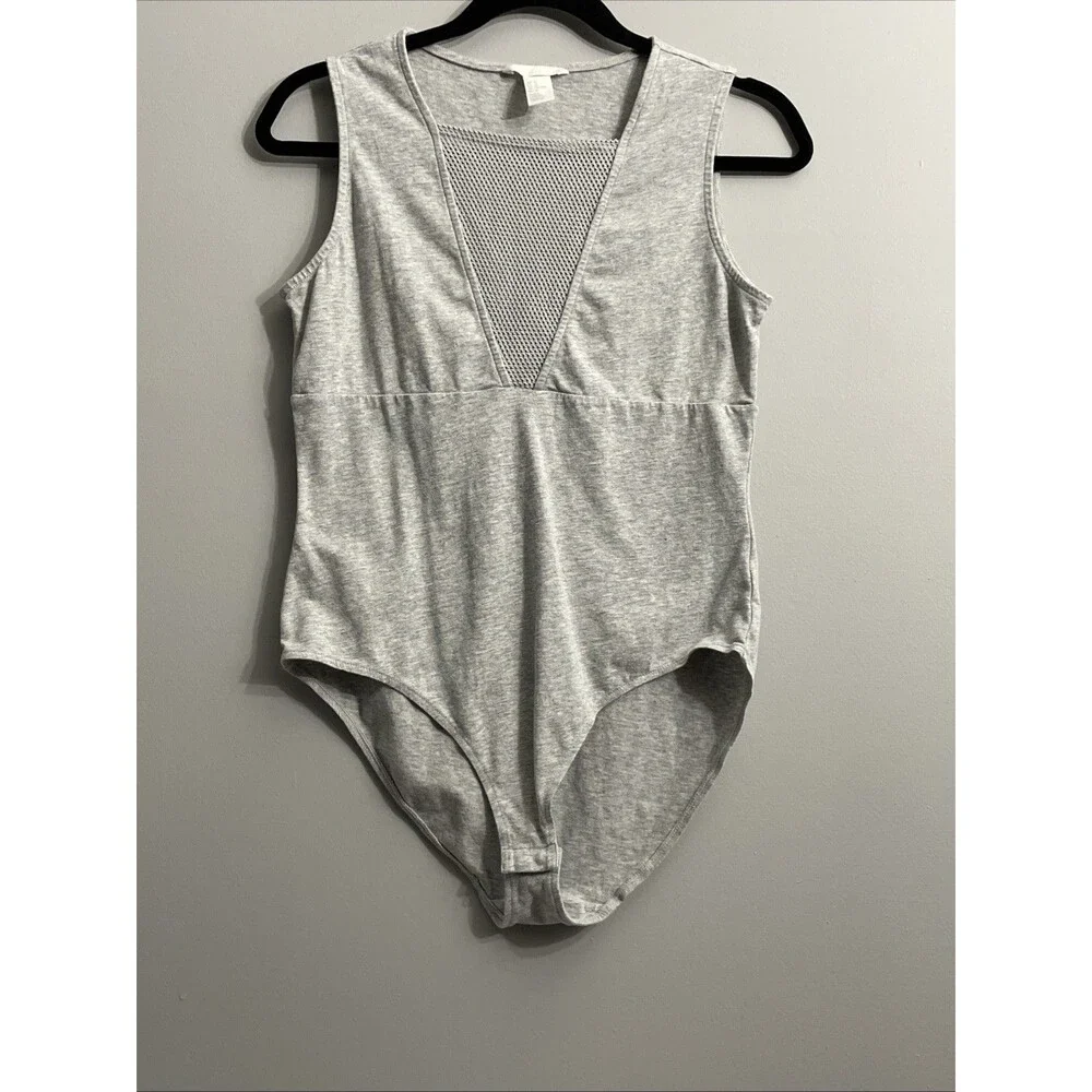 H&M Women’s Grey Sleeveless Bodysuit Sz M Mesh Panel Stretch Fitted Top Clubwear